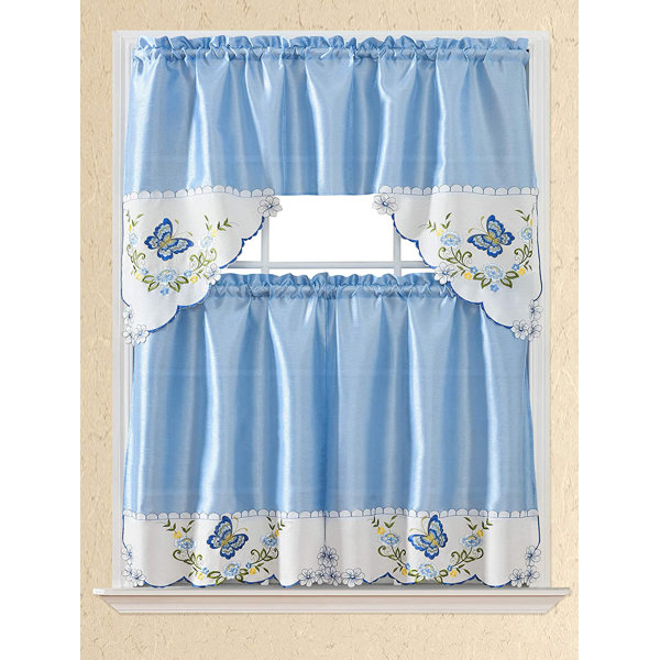 Rosalind Wheeler 3Pc Embroidered Rod Pocket Kitchen Curtains And